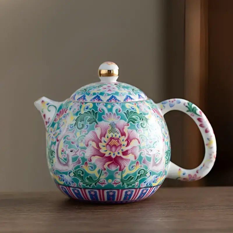 Ornate floral enamel-glazed imperial teapot showcasing Jingdezhen enamel art and royal Chinese craftsmanship