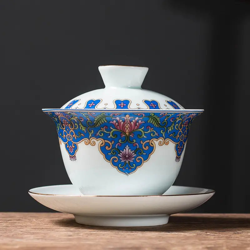 Decorated white ceramic tea set featuring Jingdezhen enamel art and Gongfu tea style