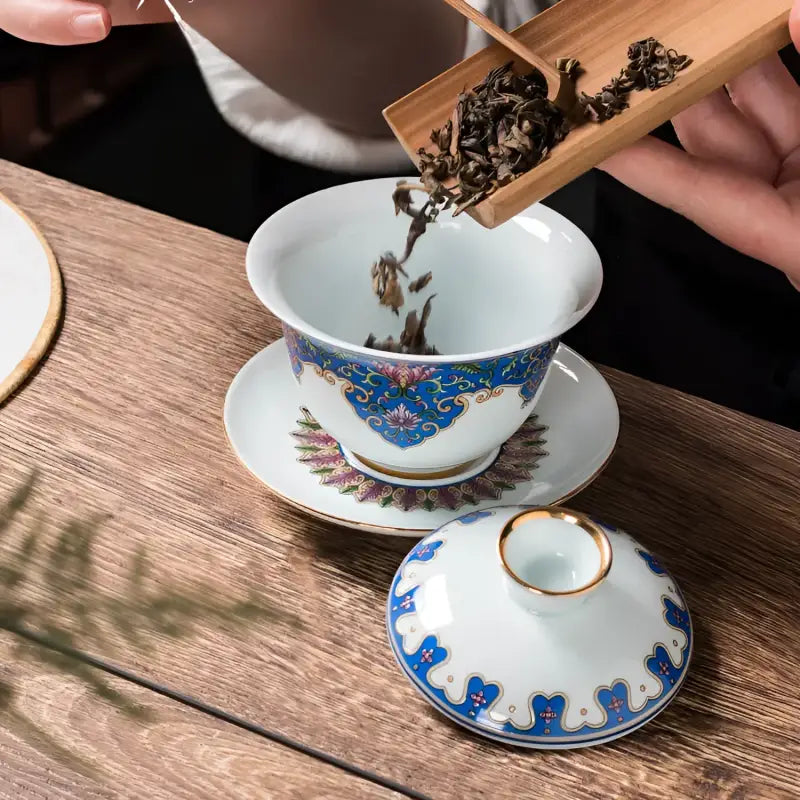 Ornate Gaiwan Tea Set in Jingdezhen Enamel Art Enamel Porcelain for Gongfu Tea