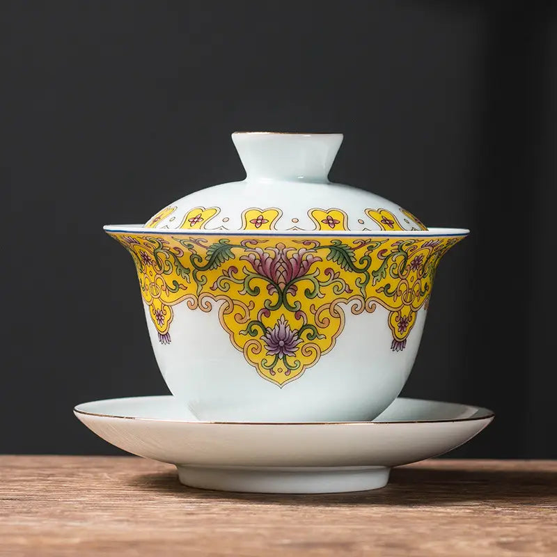 Decorated porcelain tea set showcasing Jingdezhen enamel art and Gongfu tea tradition