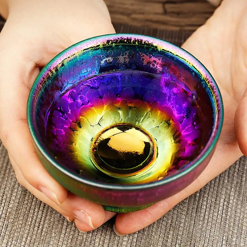 Iridescent Ceramic Teacup Fairy II, a Stunning Tenmoku Tea Cup for Tea Enthusiasts