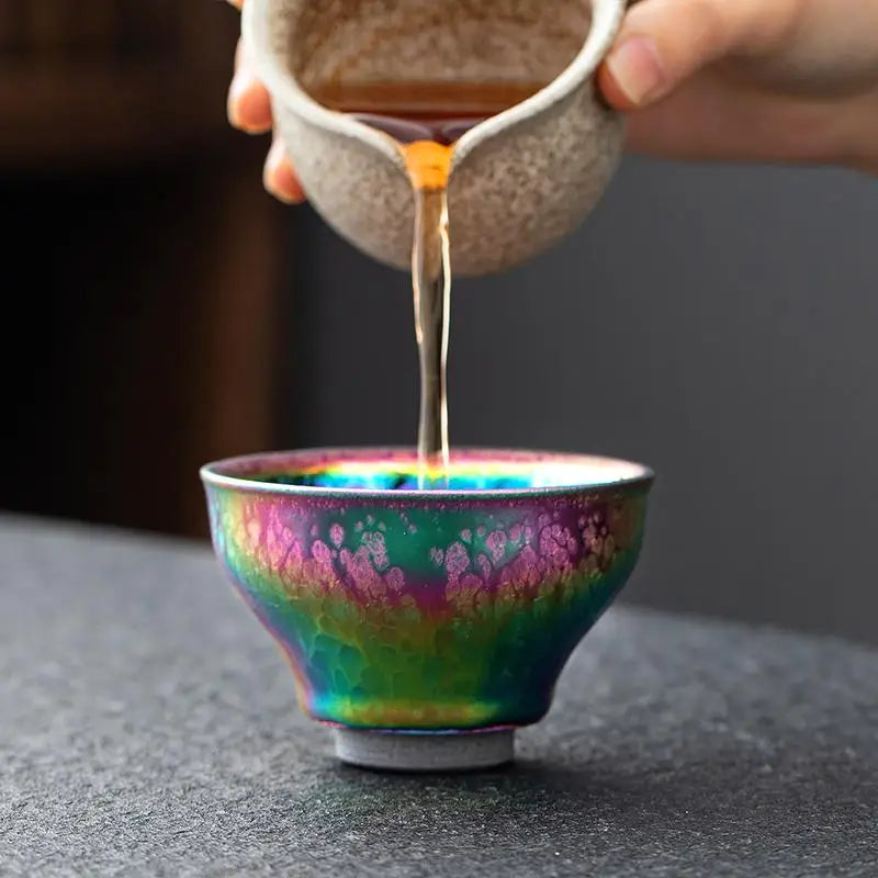 Rainbow-glazed Tea Cup Fairy II, perfect for Tenmoku Tea and tea enthusiasts