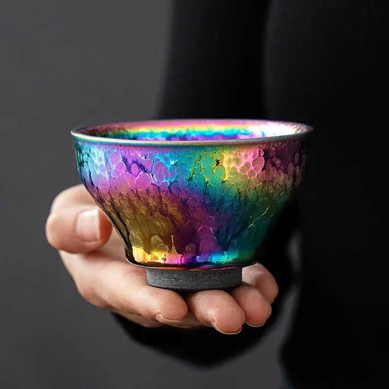 Iridescent rainbow-colored teacup from Fairy II, perfect for tenmoku tea and tea lovers