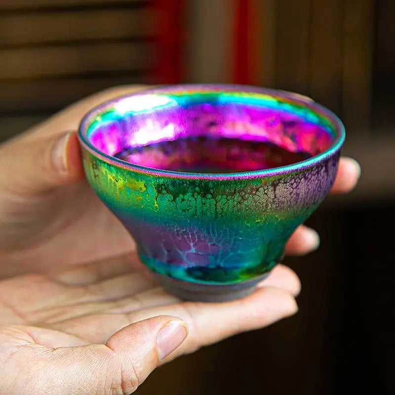 Iridescent ceramic tea cup from Fairy II, perfect for tenmoku tea and tea enthusiasts