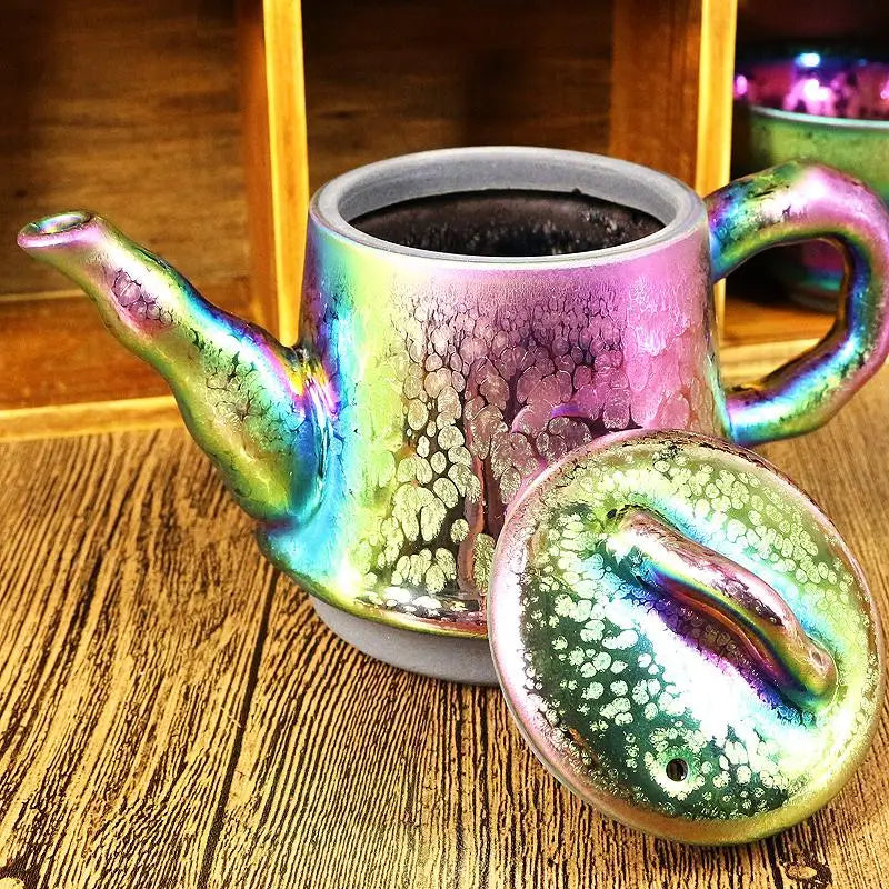 Iridescent ceramic Fairy Teapot with lid, perfect for Gongfu tea rituals and Jian Zhan style brewing