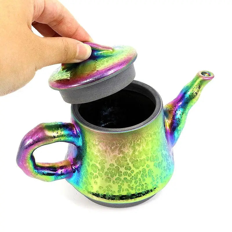 Iridescent Fairy Teapot with lid lifted, perfect for Gongfu Tea brewing and Jian Zhan style