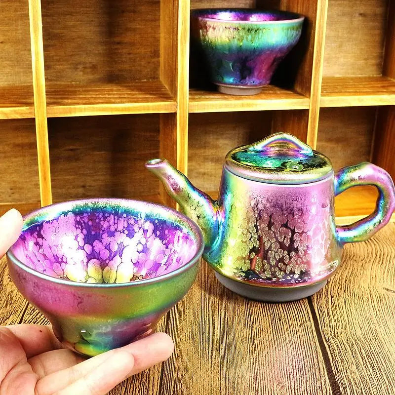 Iridescent Fairy Teapot resembling a Jian Zhan teapot for gongfu tea brewing