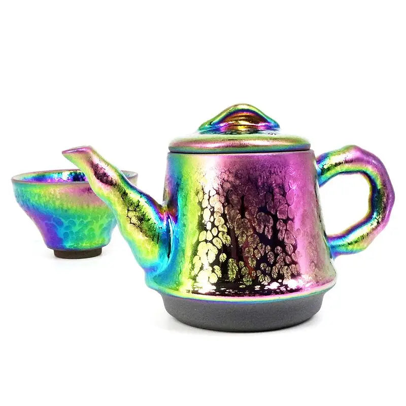 Iridescent ceramic Fairy Teapot and teacup, perfect for Gongfu tea brewing