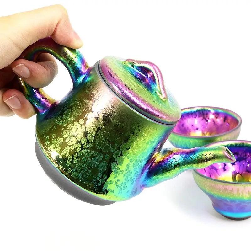 Iridescent fairy teapot and teacups for gongfu tea, part of the Jian Zhan Teapot collection