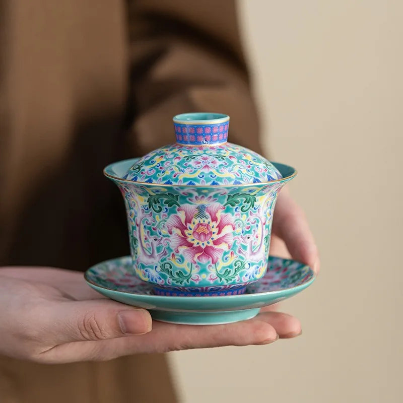 Falangcai-style floral gaiwan with turquoise interior – photo 2