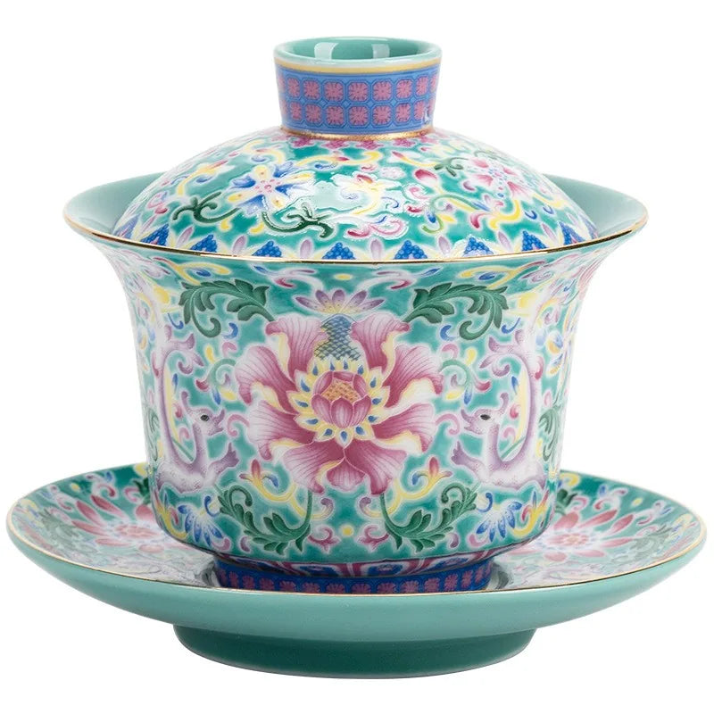 Falangcai-style floral gaiwan with turquoise interior – photo 5