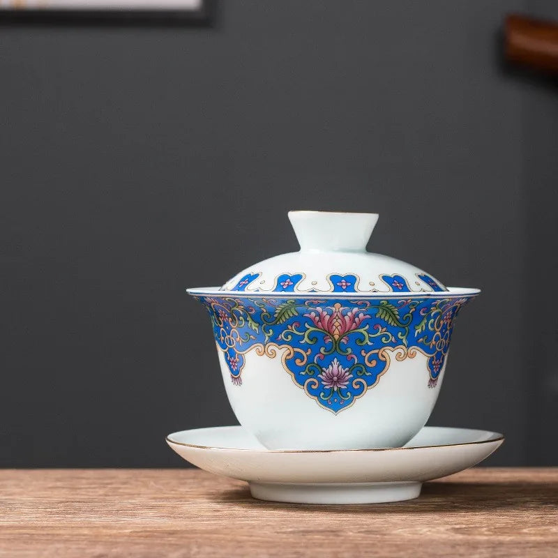 Falangcai-style gaiwan with blue floral band and gold rim – photo 1