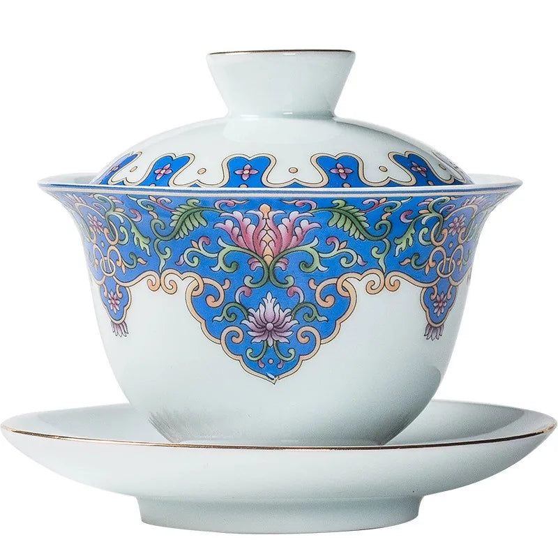 Falangcai-style gaiwan with blue floral band and gold rim – photo 5