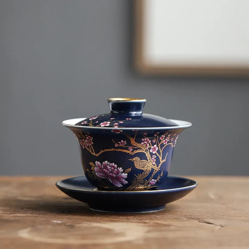 Falangcai-Style Gilded Gaiwan – Golden Bird