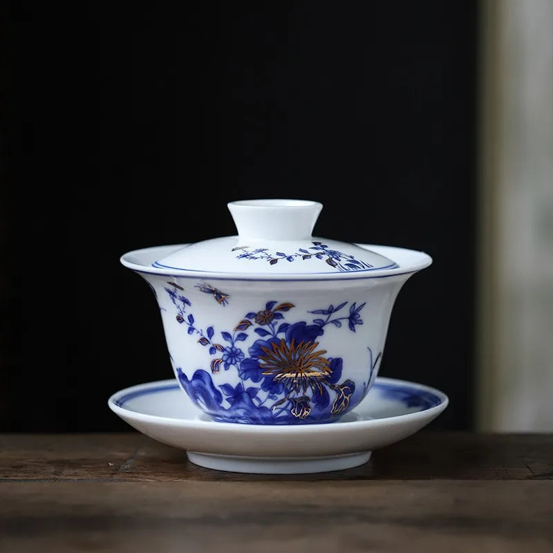 Falangcai-Style Gilded Gaiwan – Blue & White with Gold