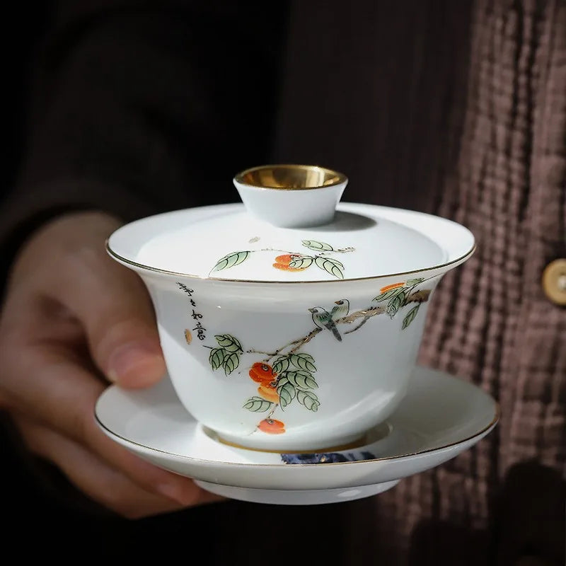 Falangcai-Style Gilded Gaiwan – Persimmon
