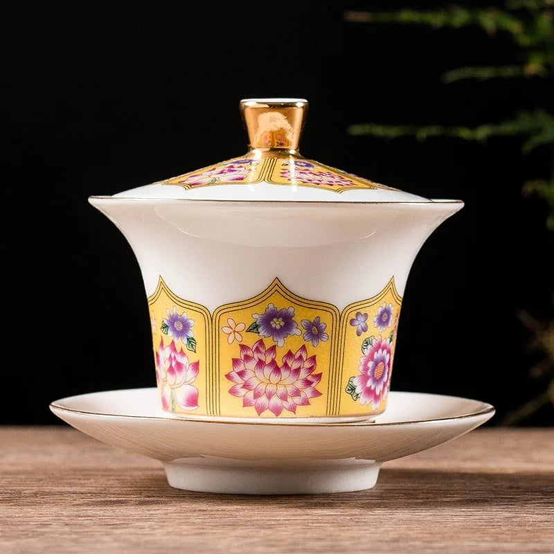 Falangcai-Style Gold-Knob Gaiwan – Golden Yellow