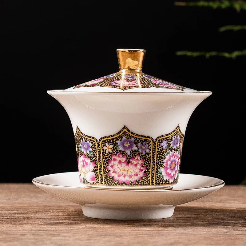 Falangcai-Style Gold-Knob Gaiwan – Black