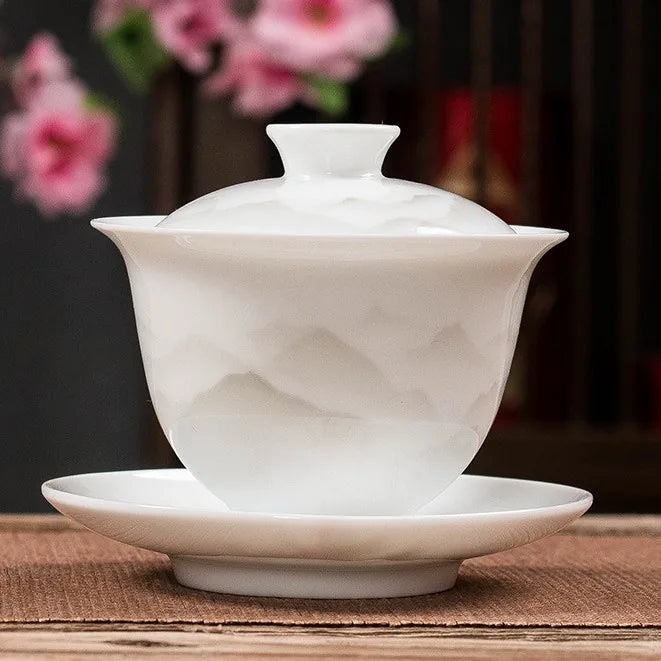 Famille Rose Gaiwan – Embossed Mountains