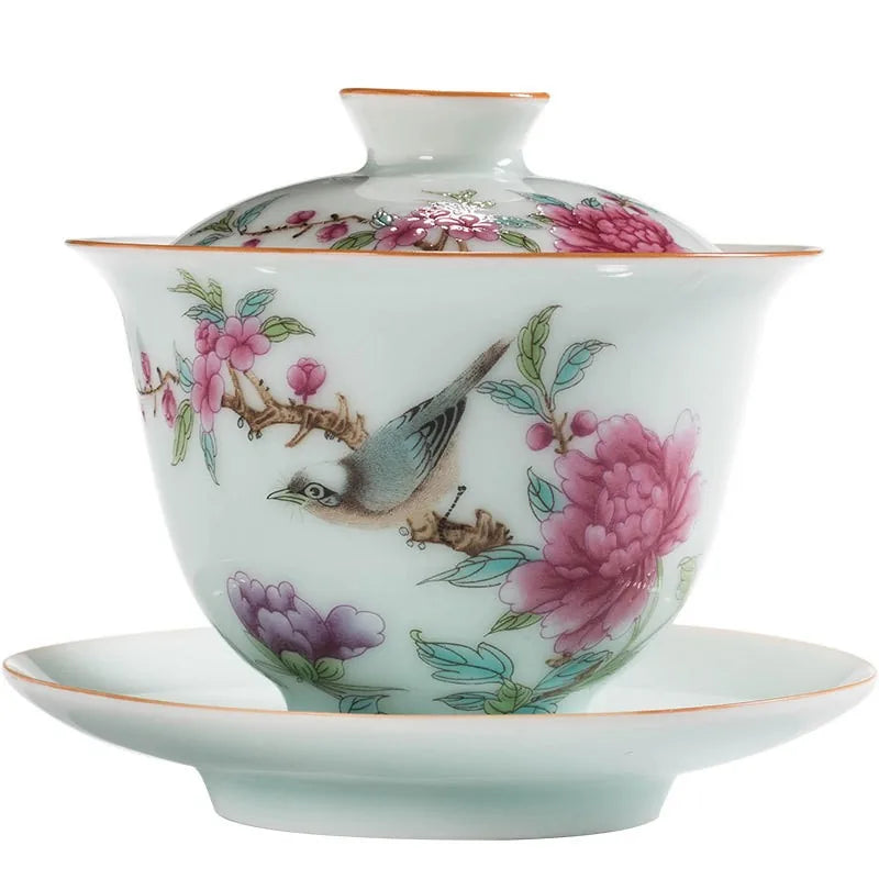 Famille rose porcelain gaiwan with lid and saucer, painted flowers – photo 3