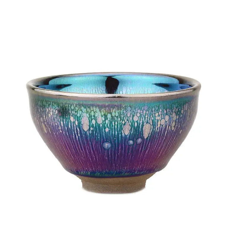 Iridescent ceramic tea bowl with oil spot glaze from Jian Zhan for Gongfu tea brewing