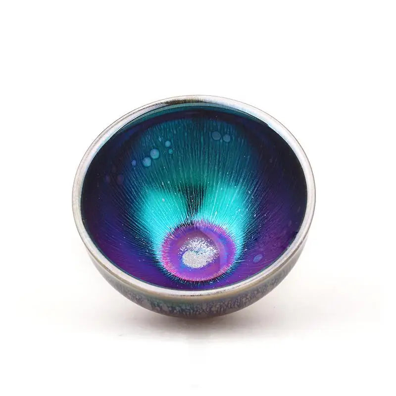 Iridescent ceramic bowl with oil spot glaze from Jian Zhan for Gongfu tea brewing