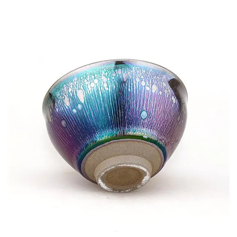 Iridescent ceramic bowl with oil spot glaze by Jian Zhan for Gongfu tea brewing