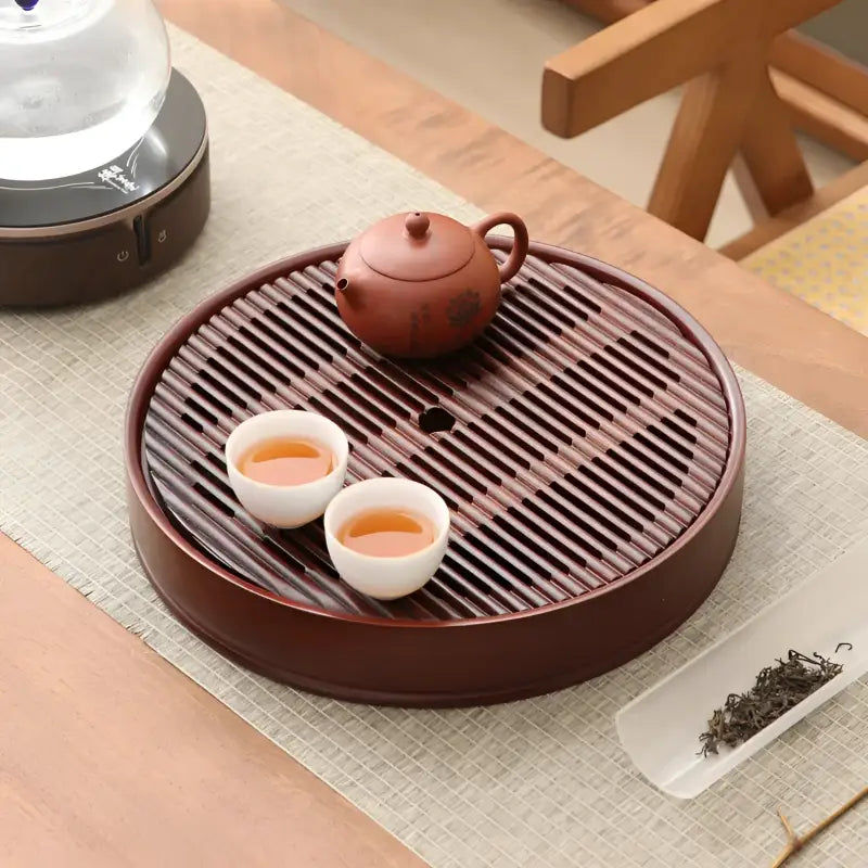 Flow Circle Round Bamboo Tea Tray with Teapot and Cups for Elegant Bamboo Tea Serving