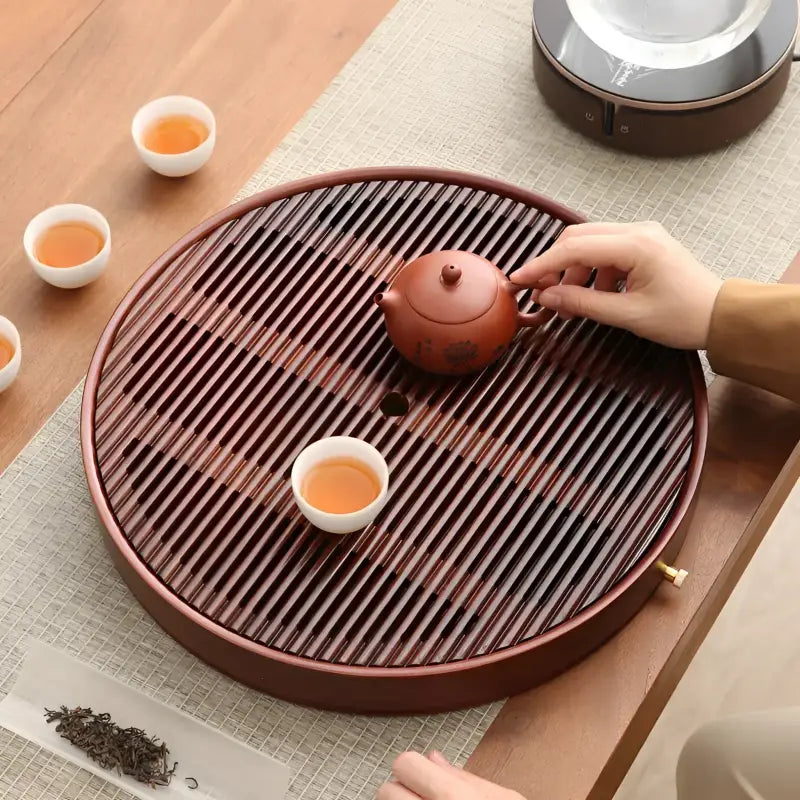 Flow Circle round bamboo tea tray for elegant bamboo tea serving and presentation
