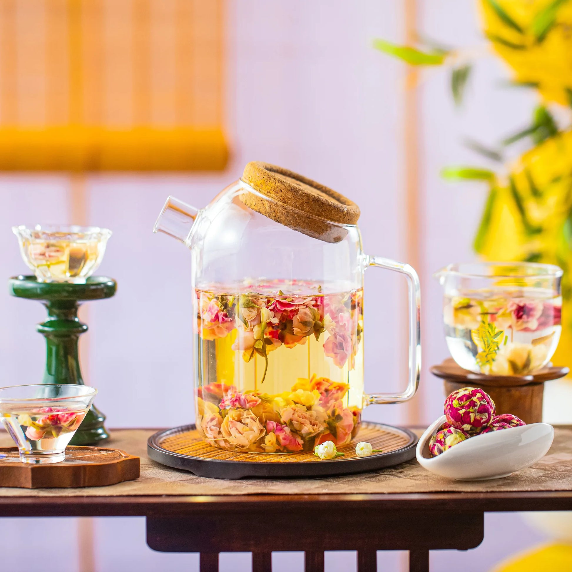Mixed-color flowering tea serving scene