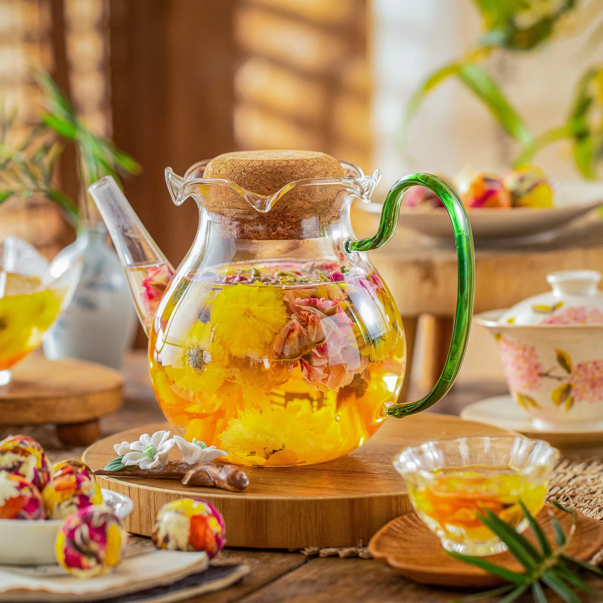 Warm flowering tea serving scene