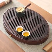 Oval wooden tea tray with tea set, flowing zen bamboo tea tray for Gongfu tea brewing