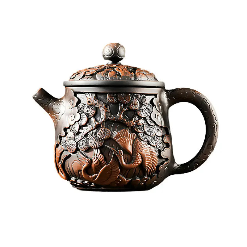 Ornate brown and black Jianshui Zitao teapot featuring flying crane design