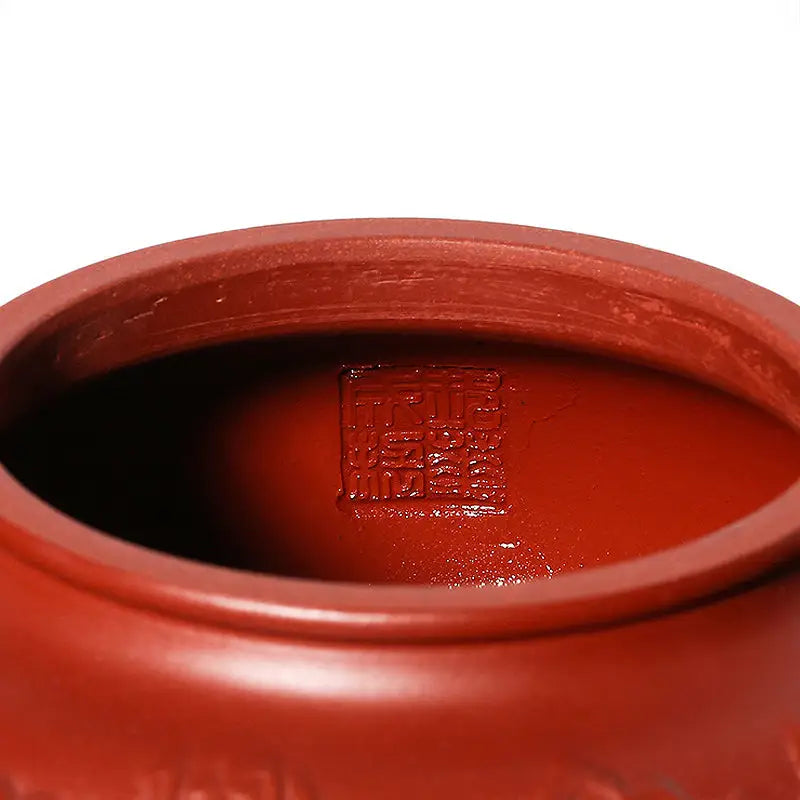 Reddish-brown Yixing Zisha ceramic pot with hand-carved dragon square seal for Flying Dragon