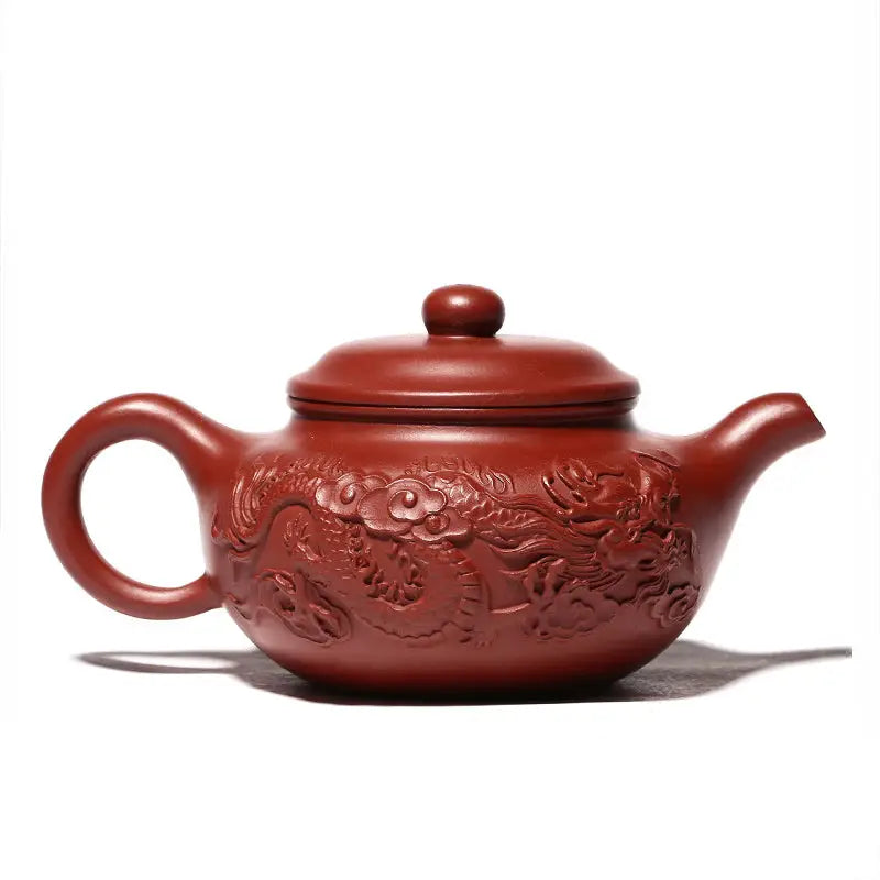 Reddish-brown Yixing Zisha teapot with hand-carved dragon design from Imperial Ascend Yixing