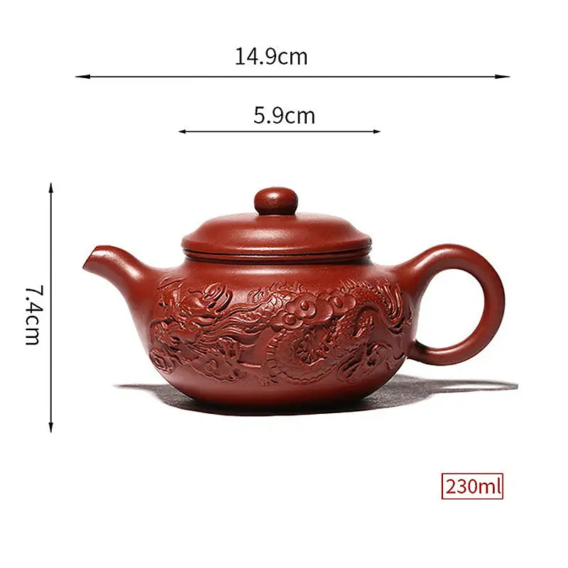 Red-brown ceramic teapot with hand-carved dragon design from Imperial Ascend Yixing