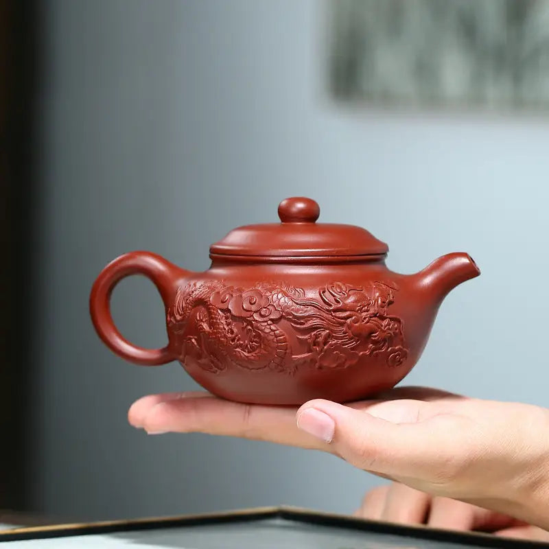 Reddish-brown Yixing Zisha teapot with hand-carved dragon from Imperial Ascend Yixing Flying Dragon