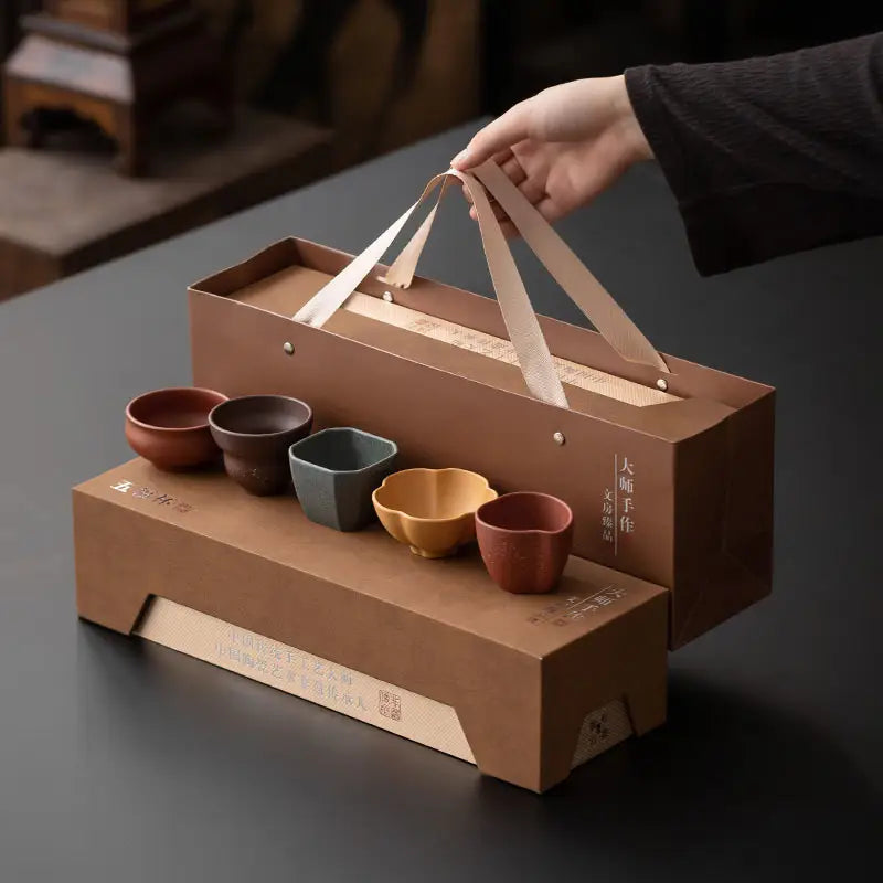 Forest Dew Tea Set featuring Yixing Zisha teacups in a gift box for elegant gifting