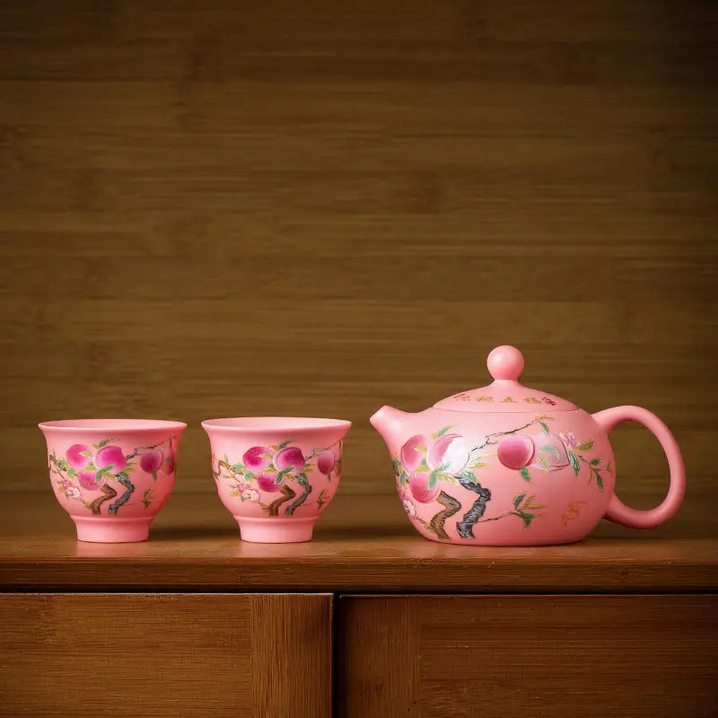 Pink peach-themed Forest Echo Tea Set made from Yixing Zisha clay Zisha clay