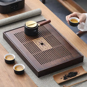 Wooden tea serving tray with accessories for Gongfu tea, bamboo tea tray design