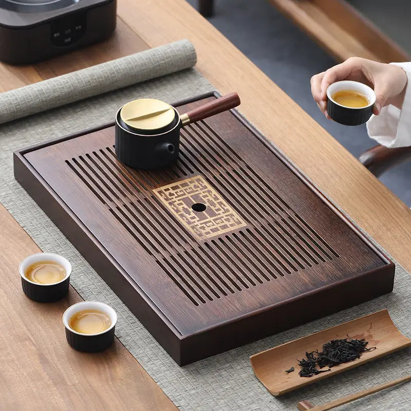 Wooden tea serving tray with accessories for Gongfu tea, bamboo tea tray design