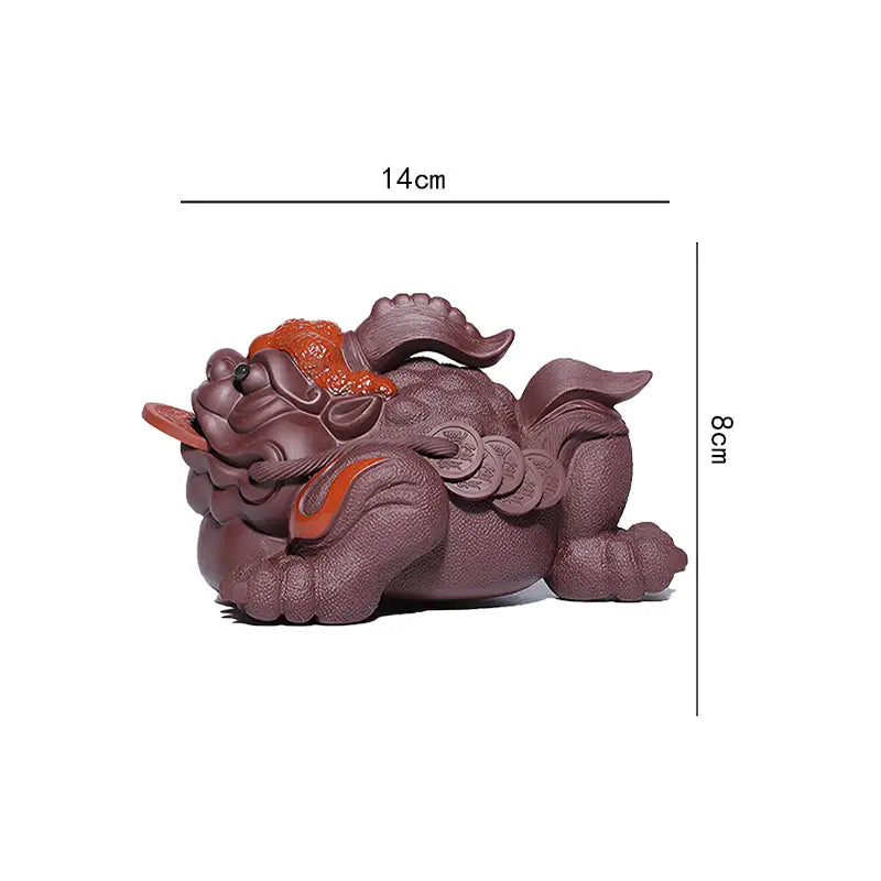 Purple-brown Fortune Guardian Pixiu tea pet with coin in mouth for good luck and wealth