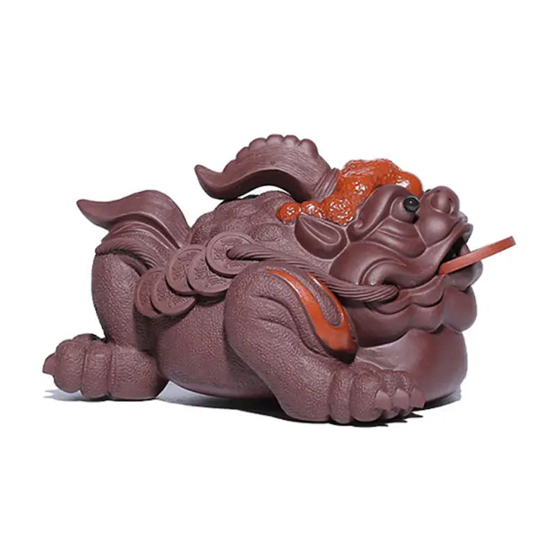 Purple clay Fortune Guardian Pixiu tea pet showcasing a mythical guardian pixiu design