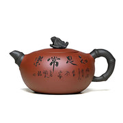 Reddish-brown Yixing Zisha teapot with frog lid sculpture and Chinese characters for Frog’s Wisdom