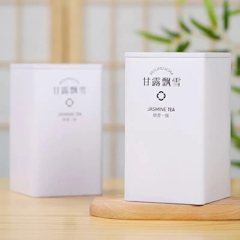 Two white jasmine tea containers for Gan Lu Piao Xue Jasmine Tea Leave, perfect with teapots