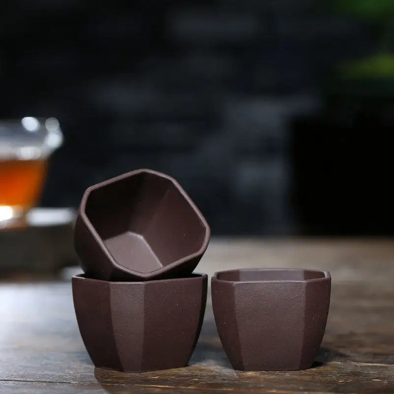 Octagonal brown Yixing Zisha square teacups for Gongfu Tea made from Zisha clay