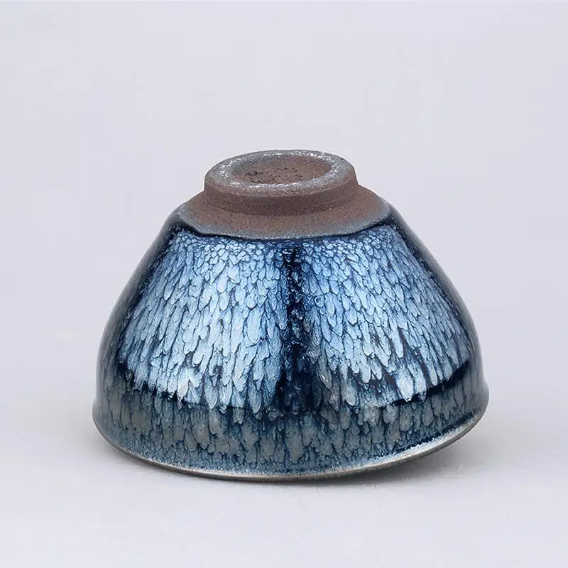 Blue and white glazed ceramic Glacier Jian Zhan tea bowl, Tenmoku tea bowl for brewing
