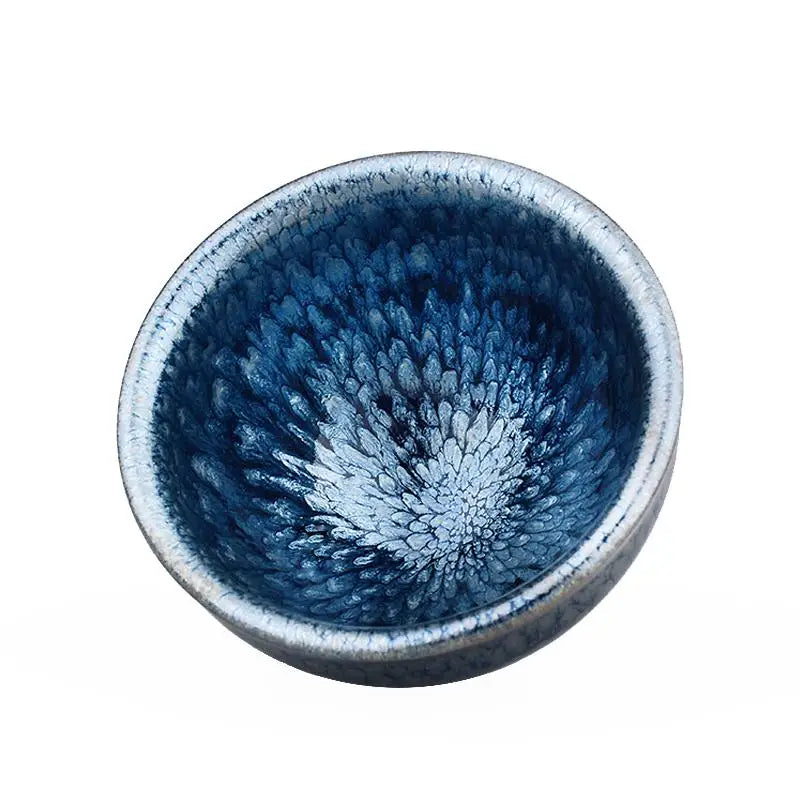 Blue and white glazed ceramic tea bowl from Glacier Jian Zhan Tenmoku Tea Bowl collection