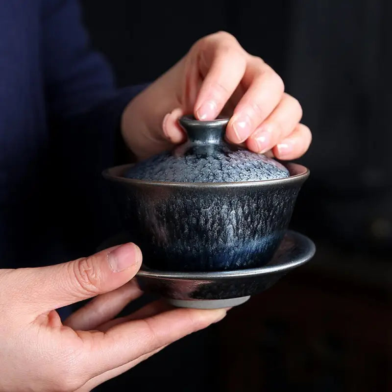 Dark blue Glacier Tea Set with crystalline glaze and tenmoku glaze finish