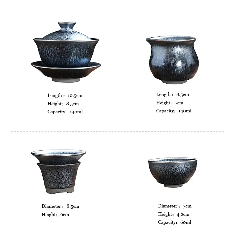 Four dark blue Glacier Tea Set ceramic tea cups with crystalline and Tenmoku glaze